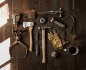 Vintage hand tools on wood