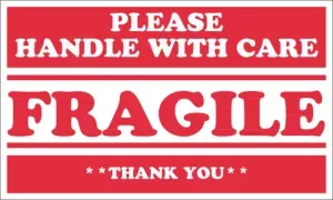 Red fragile handle with care label