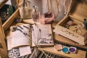 Cozy shelf with books trinkets