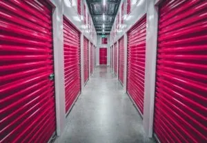 Pink storage unit doors hallway