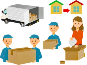 Cartoon movers, truck and houses