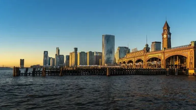 Hoboken NJ waterfront with historic Lackawanna terminal landmark signage