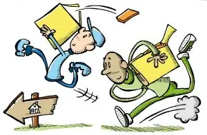 Cartoon men carrying boxes running