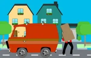 Cartoon red moving van and houses
