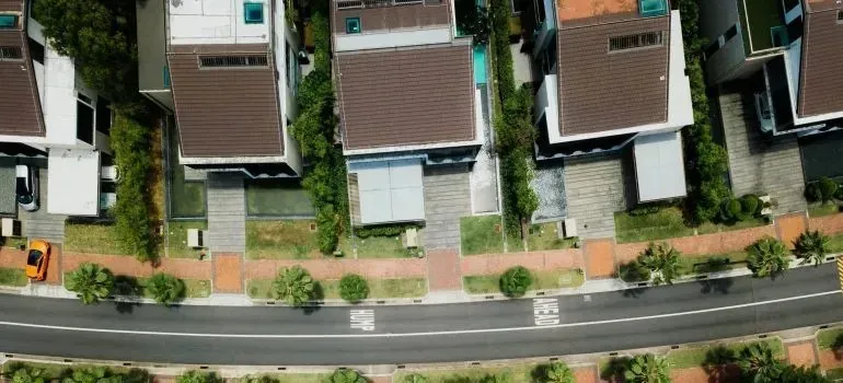 Aerial view of modern houses along residential street