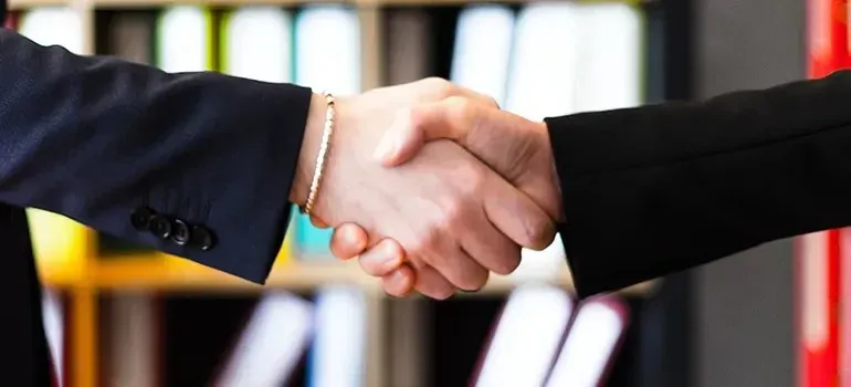 Business handshake close-up in front of bookshelf