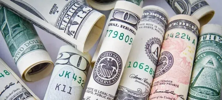 Rolled United States dollar bills in a pile