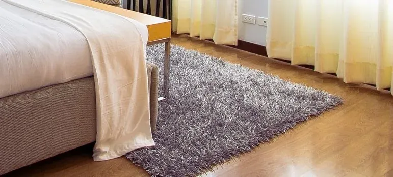 Bedroom with shag rug and curtains