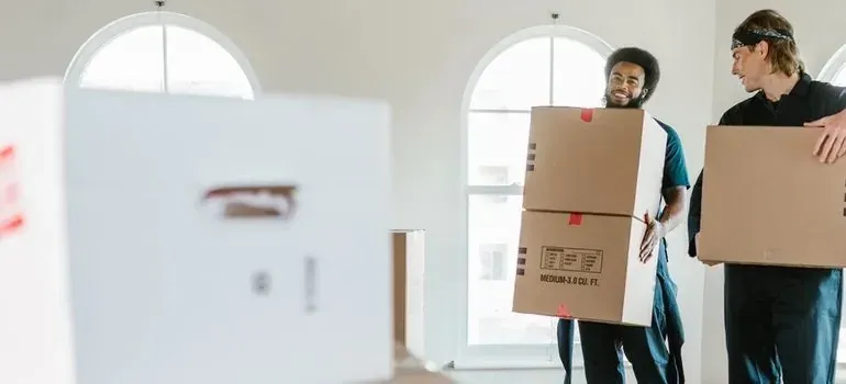 Two movers carrying stacked cardboard boxes in white room