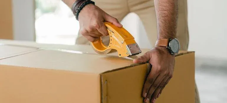 Hands taping box with tape gun