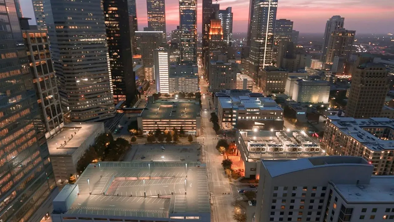 Aerial downtown skyline at dusk