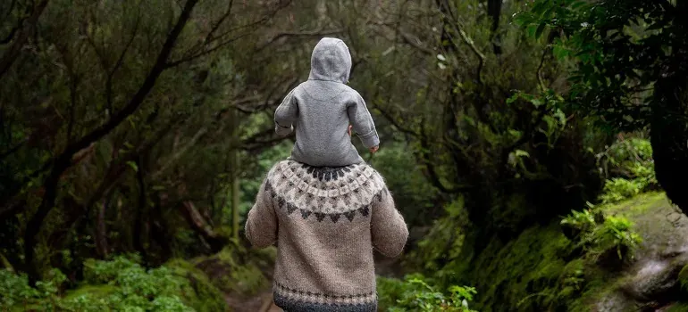 Child on adult's shoulders in forest