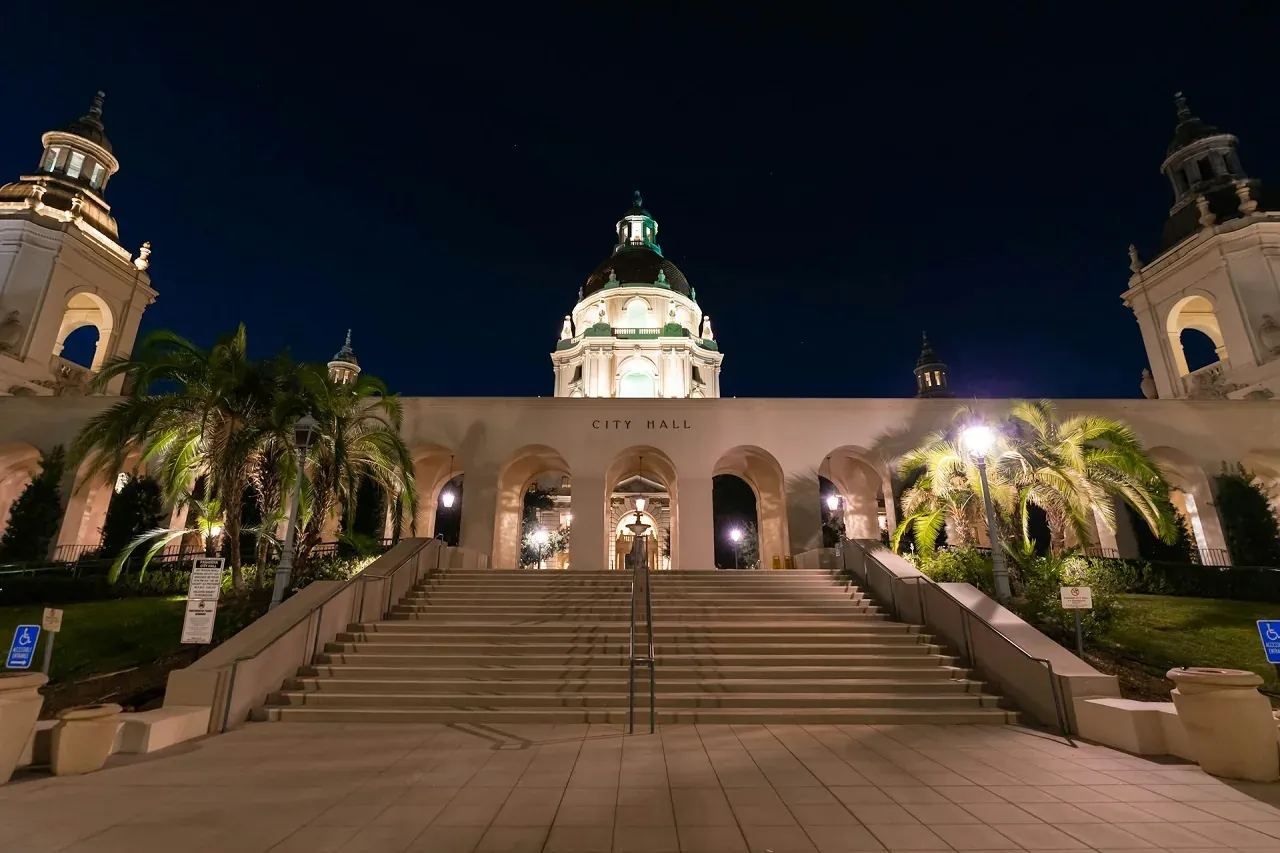 Pasadena City Hall lit at night