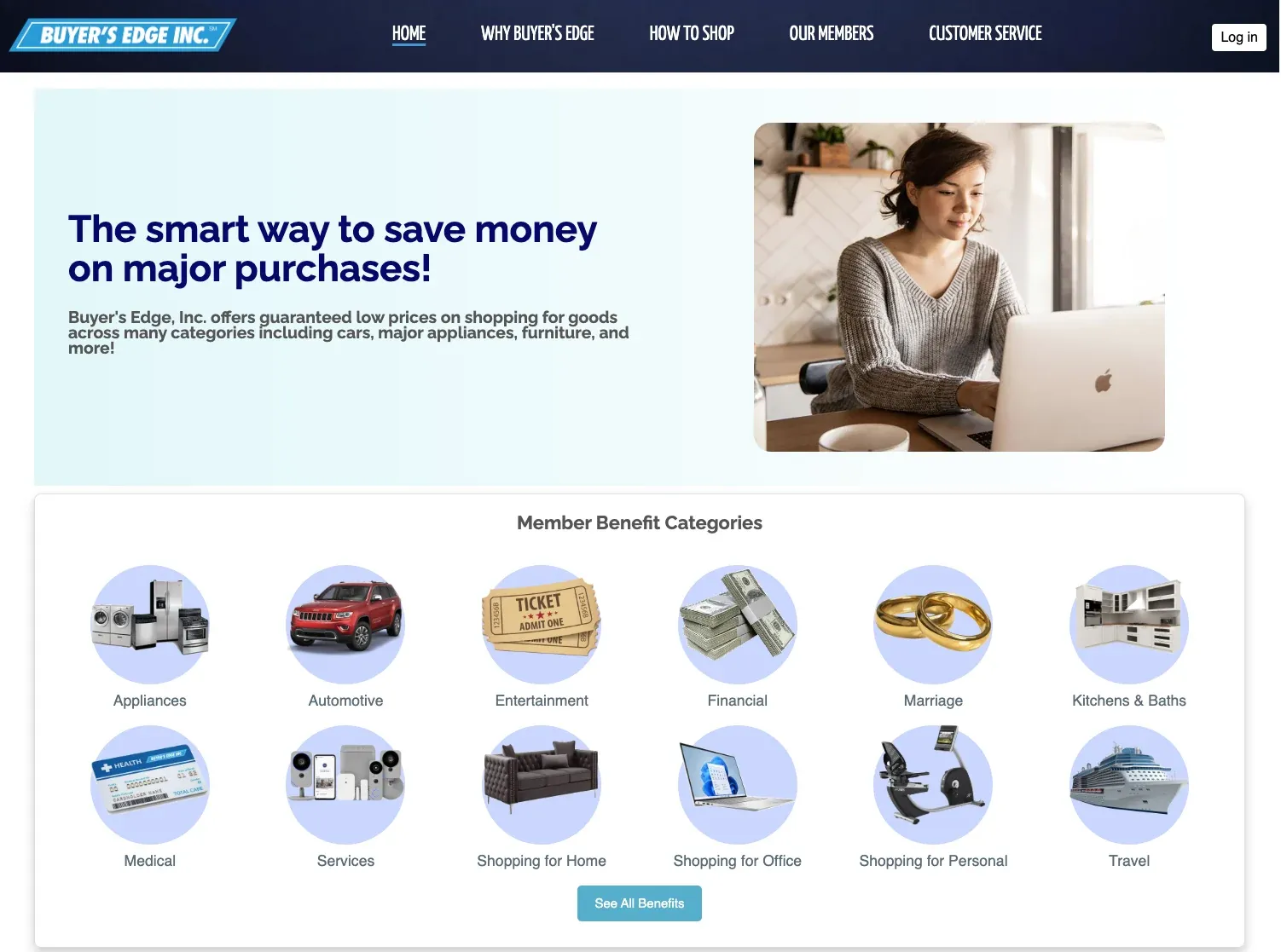 The Buyer's Edge Inc member portal, showing benefit categories from appliances to travel