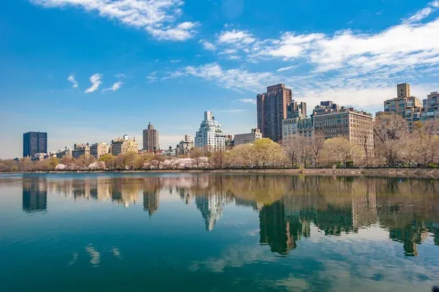 City skyline reflected in park lake